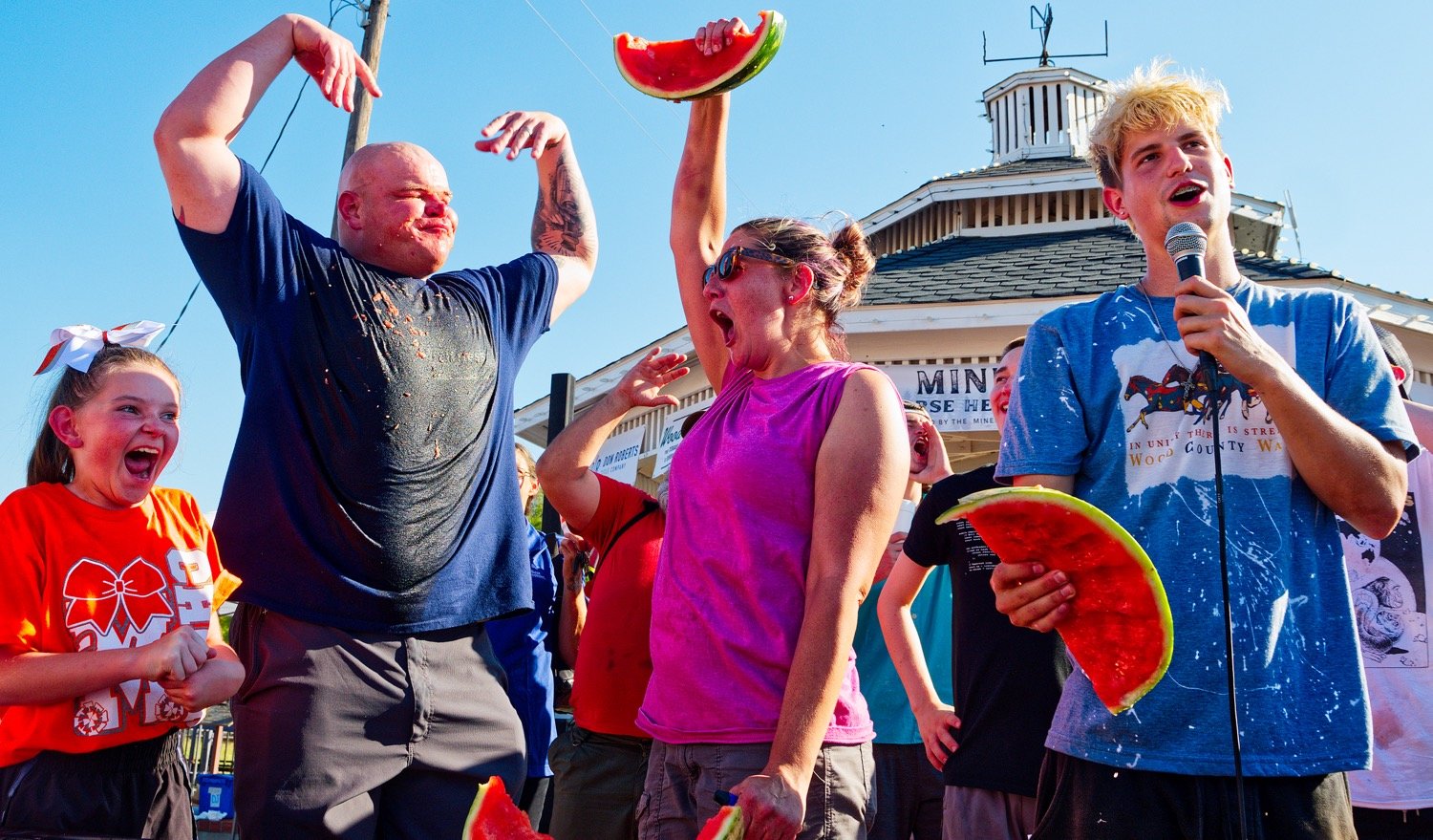 Josh Davis defended his title in the adult division of the watermelon eating contest. [additional iron horse images available]
